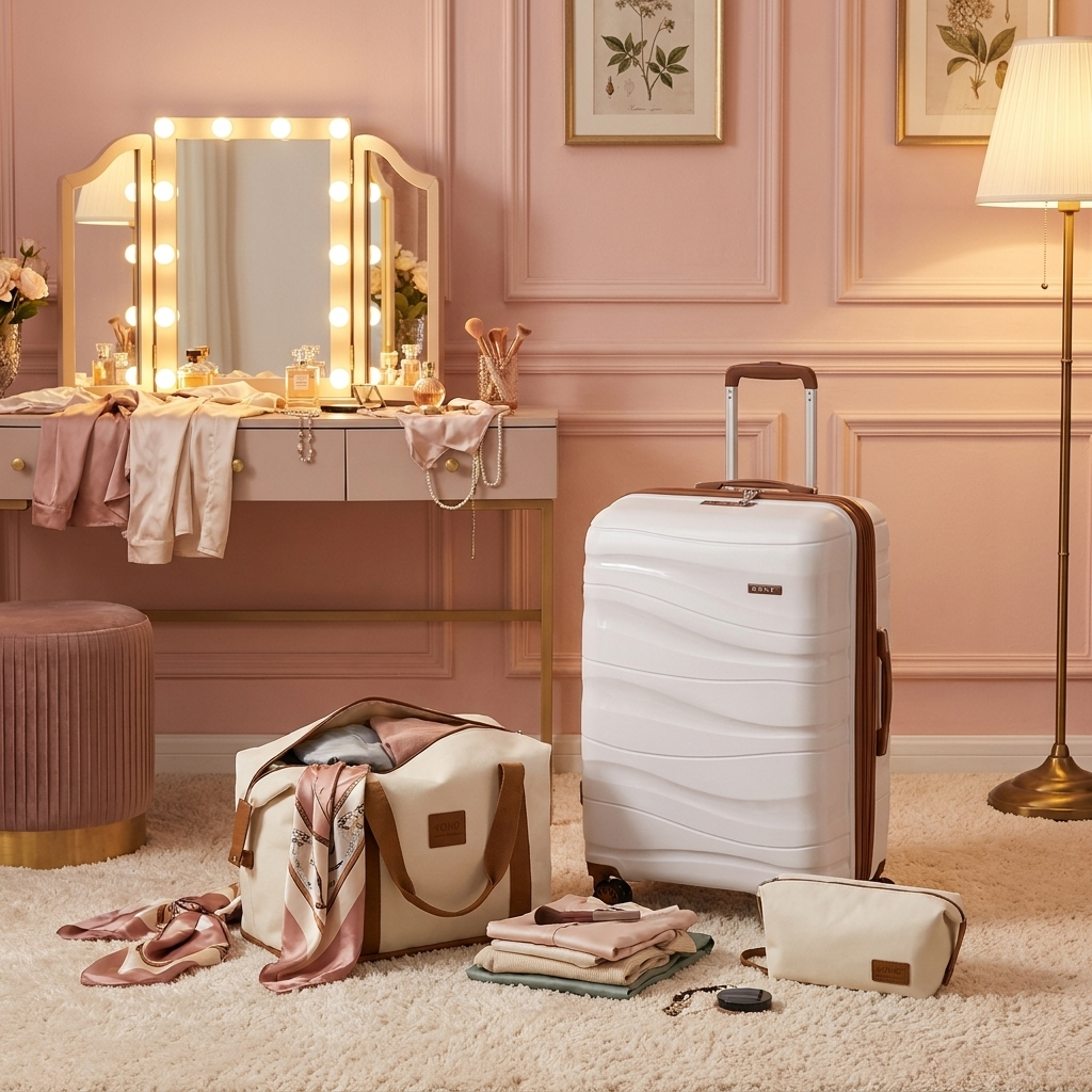 Kono 20 Inch Cabin Size Suitcase 3 Piece Travel Set Cream styled lifestyle image