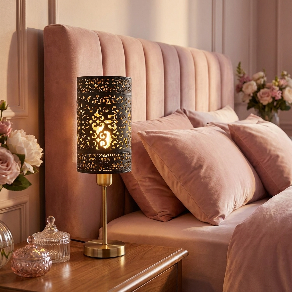 Wooden Base Bedside Table Lamp styled lifestyle image - Brushed Brass