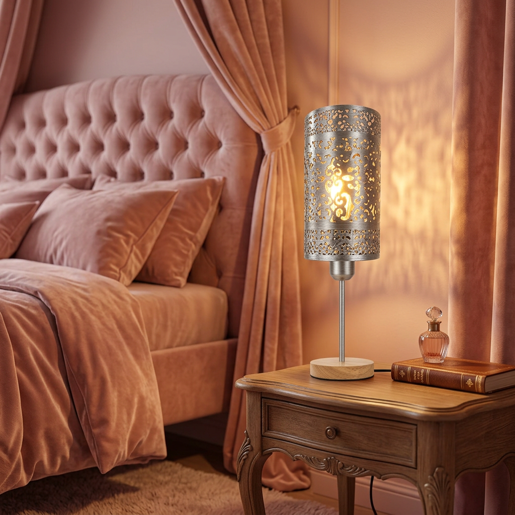 Wooden Base Bedside Table Lamp styled lifestyle image - Brushed Silver
