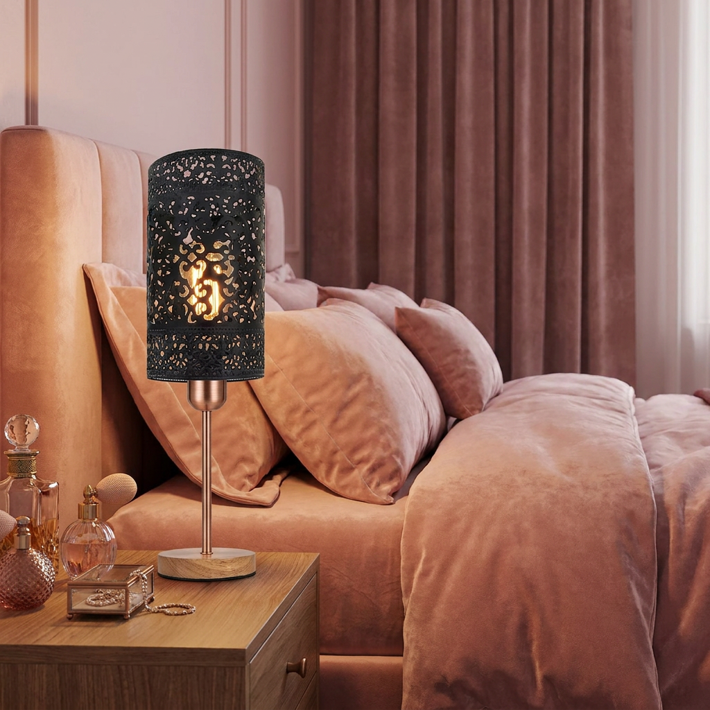 Wooden Base Bedside Table Lamp styled lifestyle image - Brushed Copper