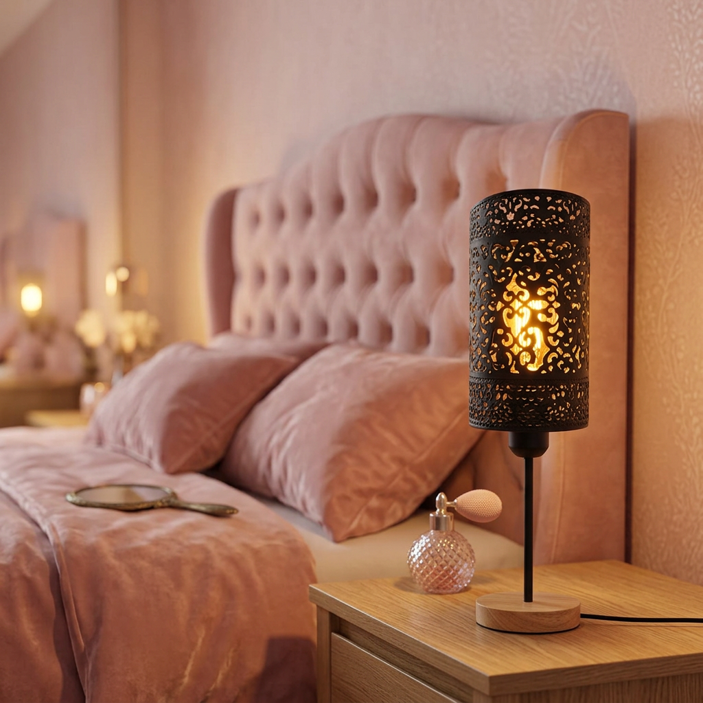 Wooden Base Bedside Table Lamp styled lifestyle image - Black