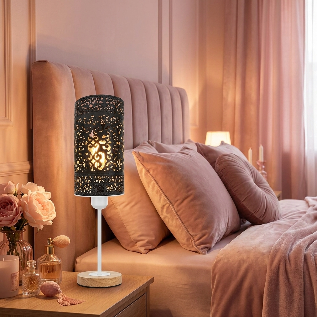 Wooden Base Bedside Table Lamp styled lifestyle image - White