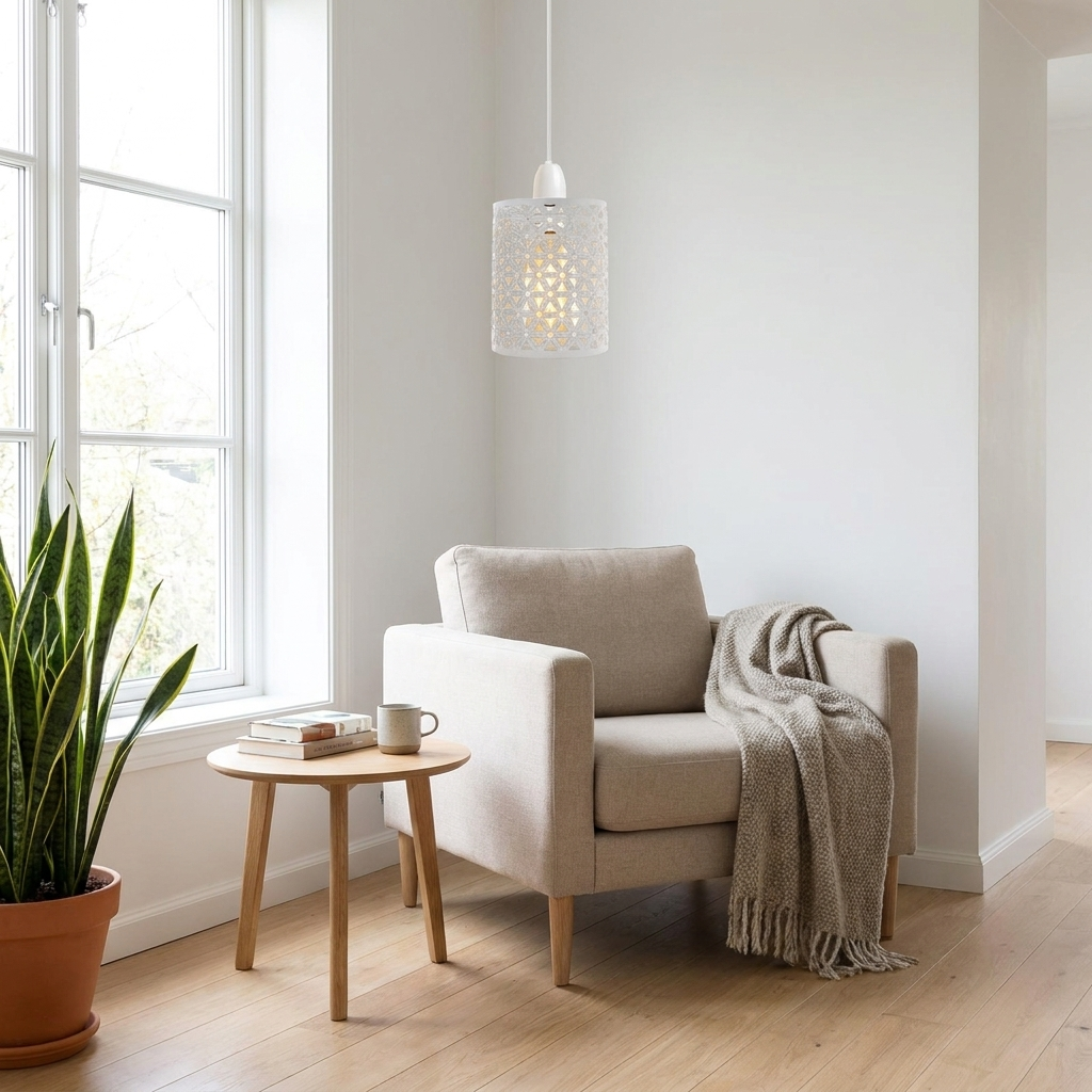 White Drum Metal Wire Cage Ceiling Pendant Lampshade styled lifestyle image