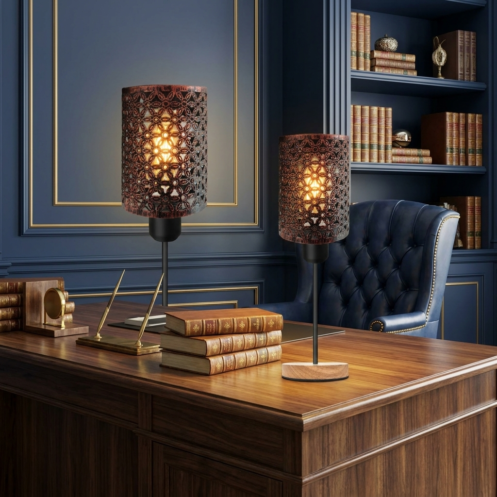 Industrial Barrel Cage Table Lamp Wooden Base styled lifestyle image - Black