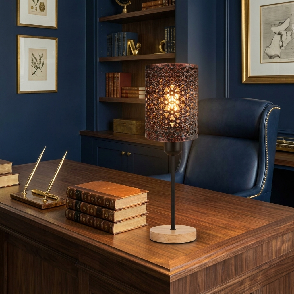 Industrial Barrel Cage Table Lamp Wooden Base styled lifestyle image - Brushed Brass