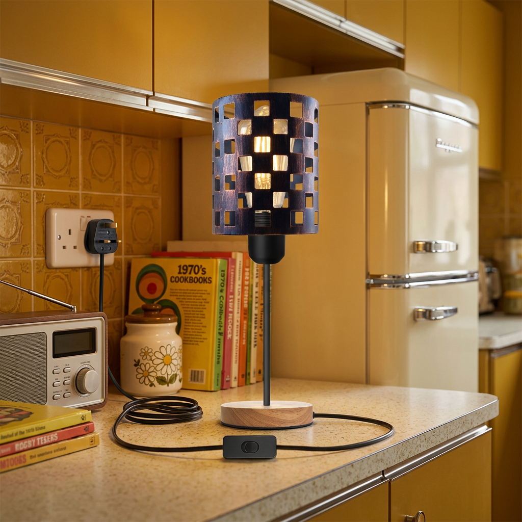 Industrial Bulb Guard Cage Table Lamp styled lifestyle image - White