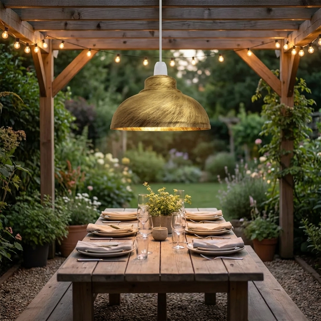 Curvy Metal Pendant Lamp Shade styled lifestyle image - Yellow Brass