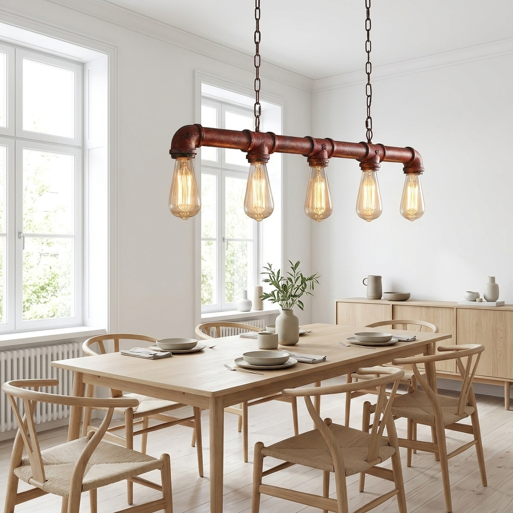 5 Way Industrial Steampunk Pipe Pendant Ceiling Light styled lifestyle image - Rustic Red