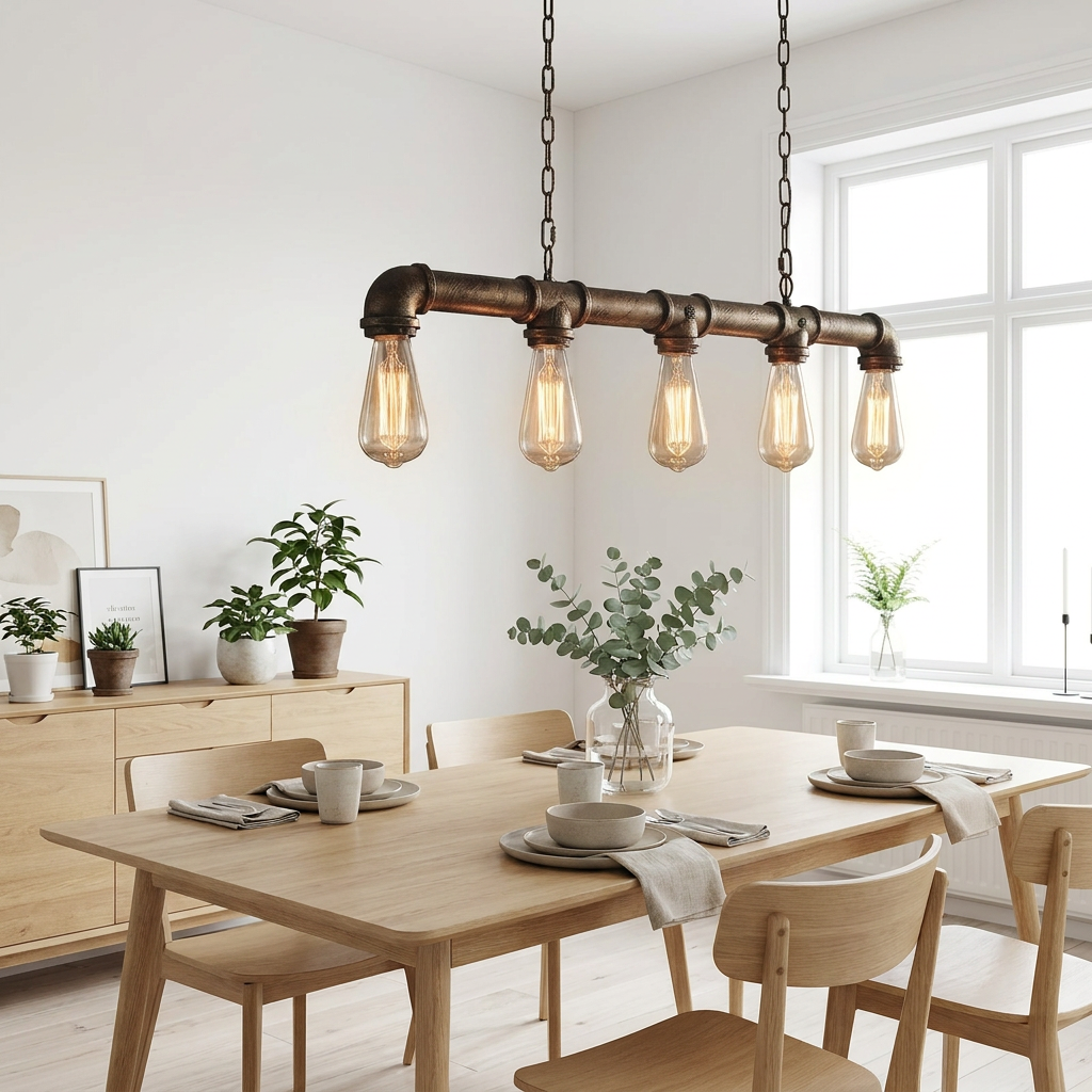 5 Way Industrial Steampunk Pipe Pendant Ceiling Light styled lifestyle image - Black