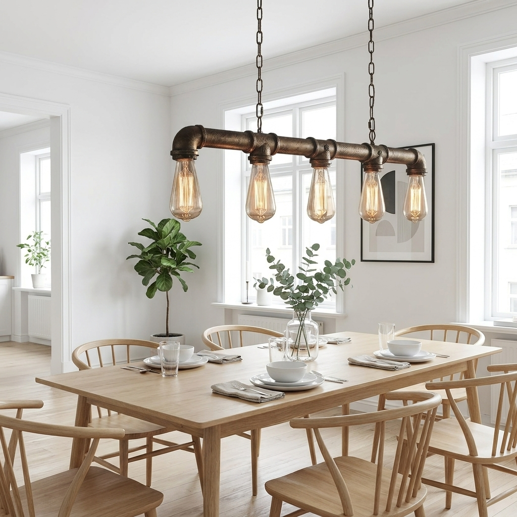 5 Way Industrial Steampunk Pipe Pendant Ceiling Light styled lifestyle image - Brushed Copper