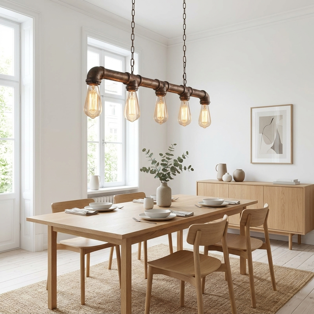5 Way Industrial Steampunk Pipe Pendant Ceiling Light styled lifestyle image - Brushed Silver