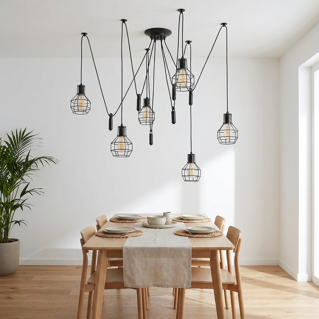 6-Light Adjustable Spider Pendant Chandelier with Metal Wire Cages styled lifestyle image