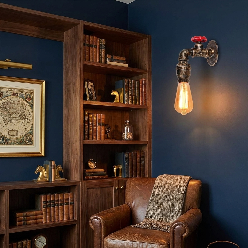 Rustic Red Industrial Water Pipe Wall Light E27 styled lifestyle image