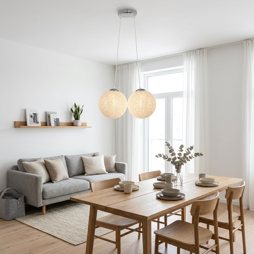 White Rattan Wicker Woven Ball Globe Pendant Lampshade styled lifestyle image