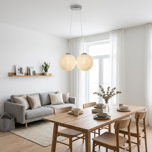 White Rattan Wicker Woven Ball Globe Pendant Lampshade styled lifestyle image