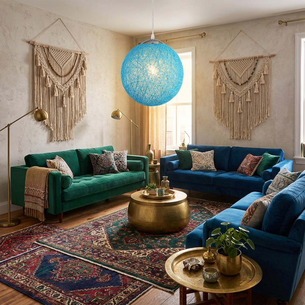 Blue Rattan Ceiling Light Shade - lifestyle scene