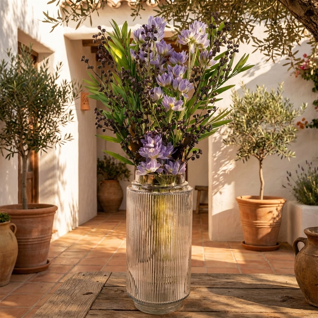 Leaf 60cm Artificial Purple Starflower Display Glass Vase - Mediterranean courtyard lifestyle scene