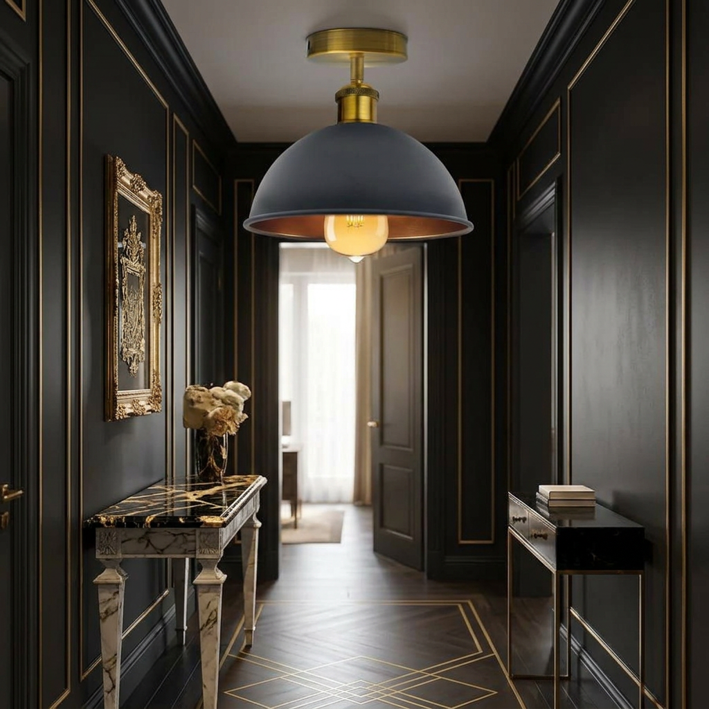Black Yellow Brass ceiling light in glam entryway scene