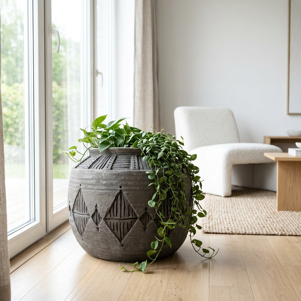 Grey Gliese planter in Scandinavian living room scene