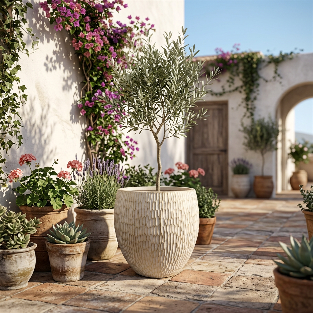 Inoke stone planter in Mediterranean courtyard scene