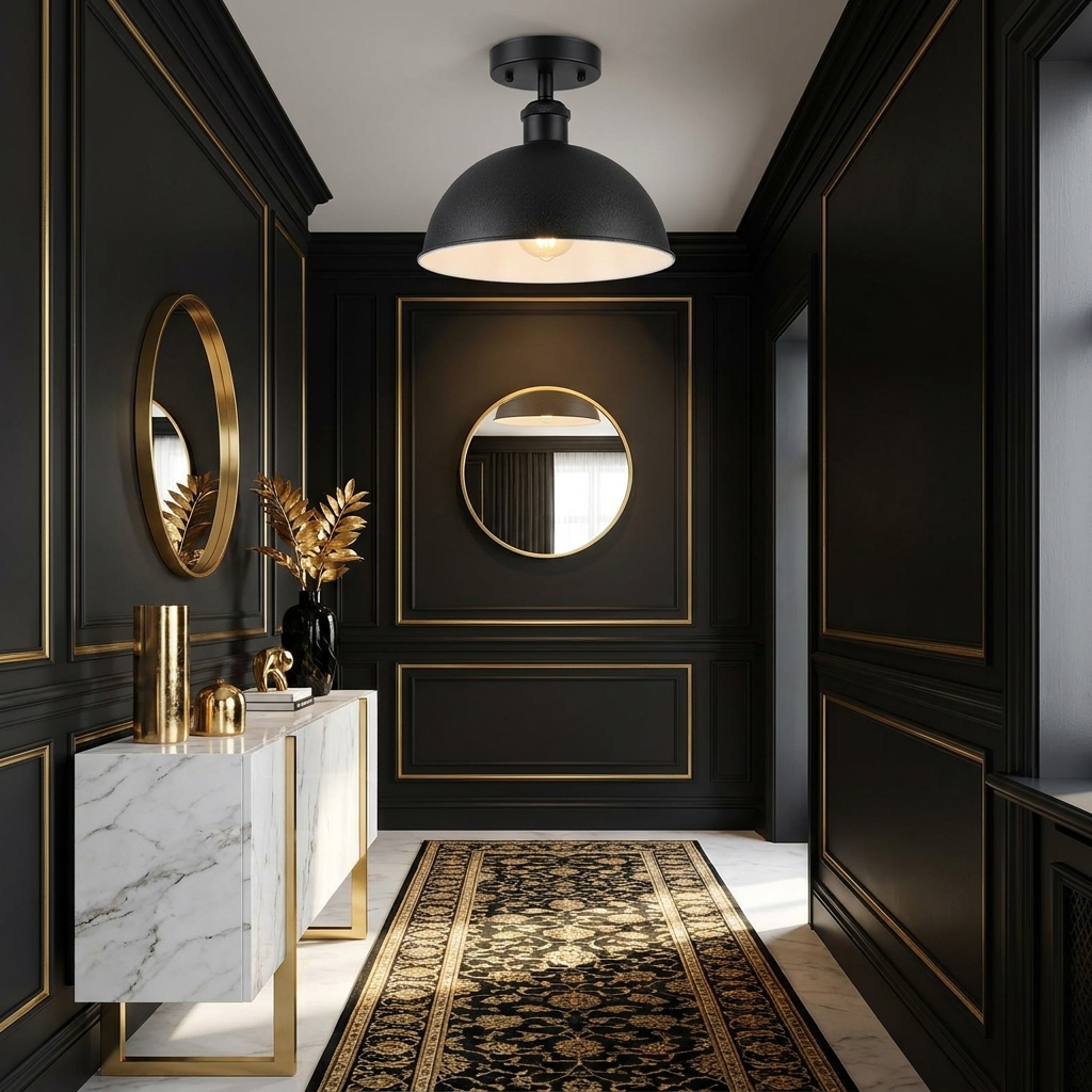 Black White ceiling light in glam entryway scene
