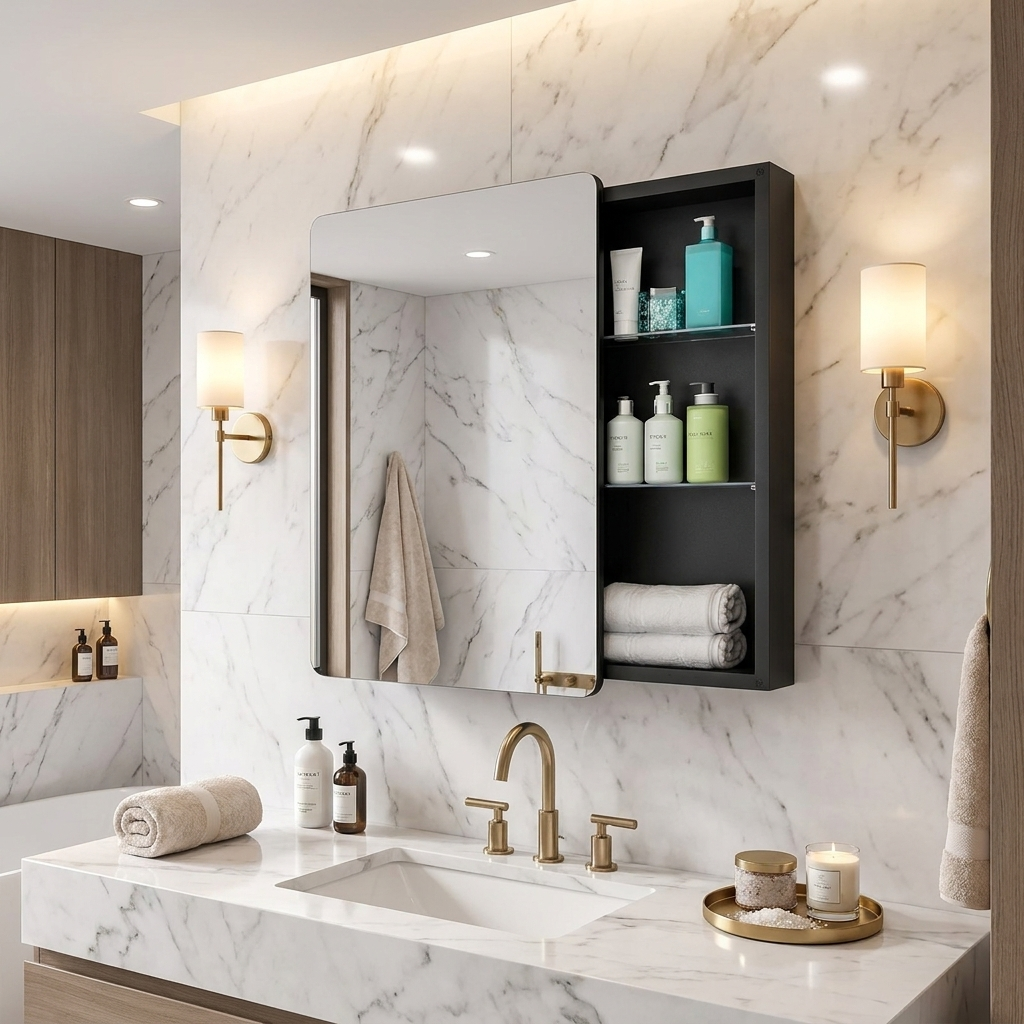 Medicine cabinet in spa bathroom scene