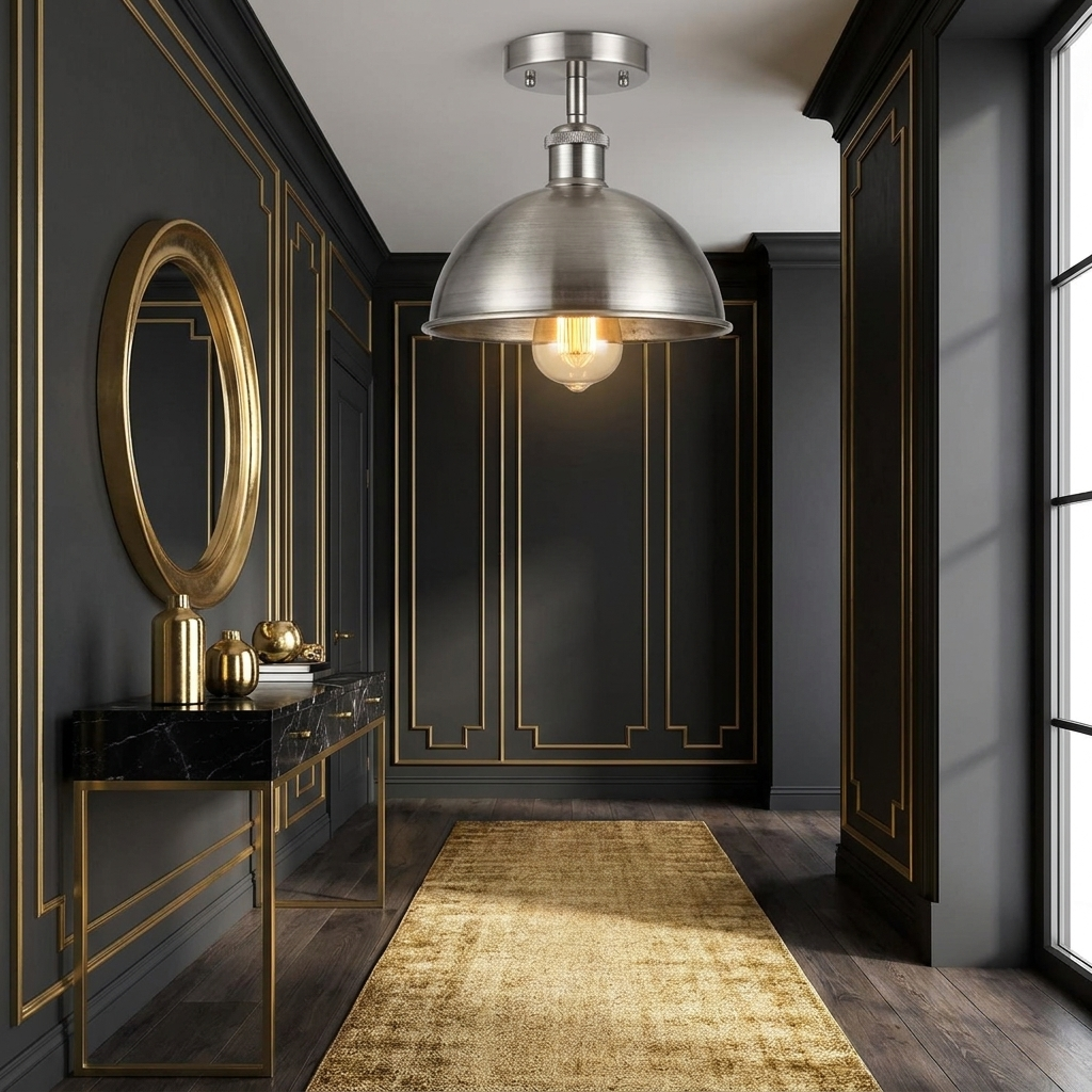 Brushed Silver ceiling light in glam entryway scene