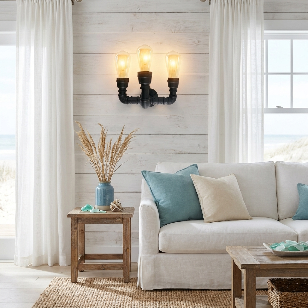 Steampunk Industrial Pipe Wall Light 3-Way E27 - coastal beach house lifestyle scene