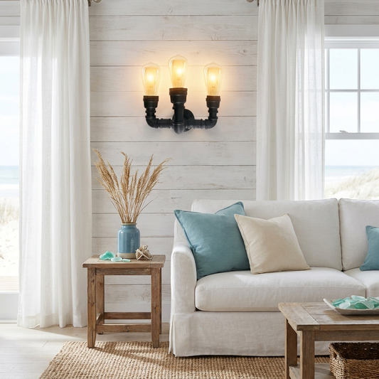 Steampunk Industrial Pipe Wall Light 3-Way E27 - coastal beach house lifestyle scene