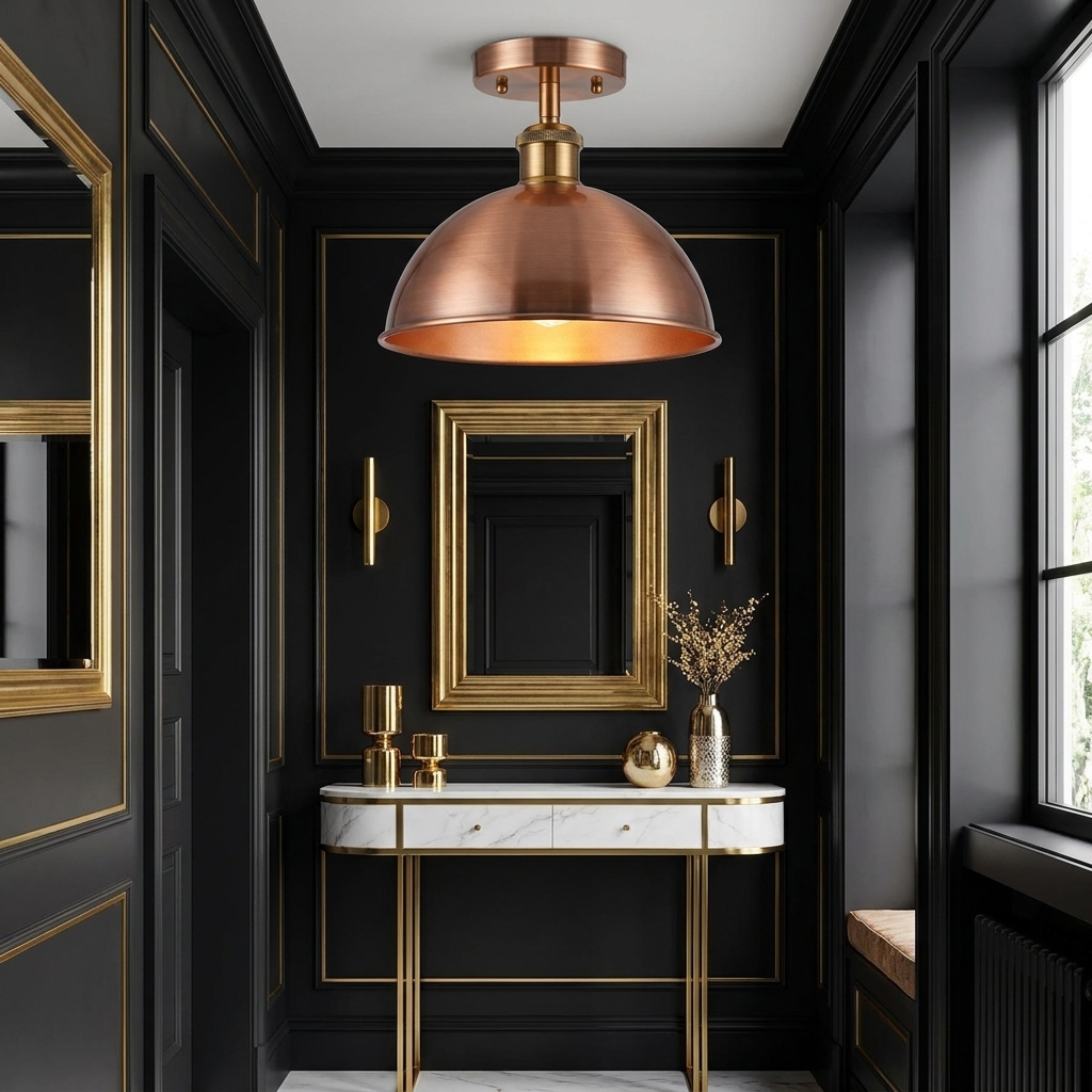 Brushed Copper ceiling light in glam entryway scene