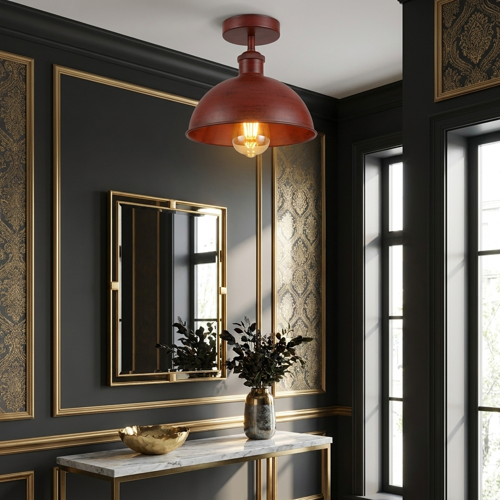 Rustic Red ceiling light in glam entryway scene
