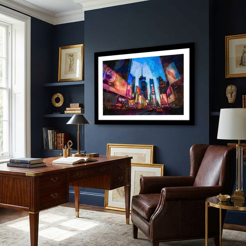 Times Square framed print black frame with mat in navy gold study scene