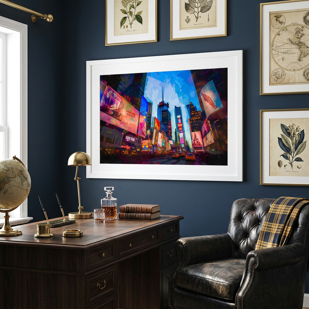 Times Square framed print white frame with mat in navy gold study scene