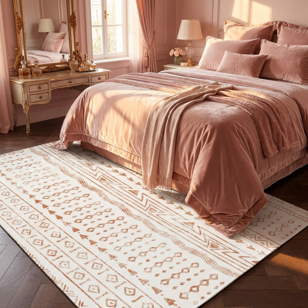6x9 area rug beige in blush pink boudoir scene