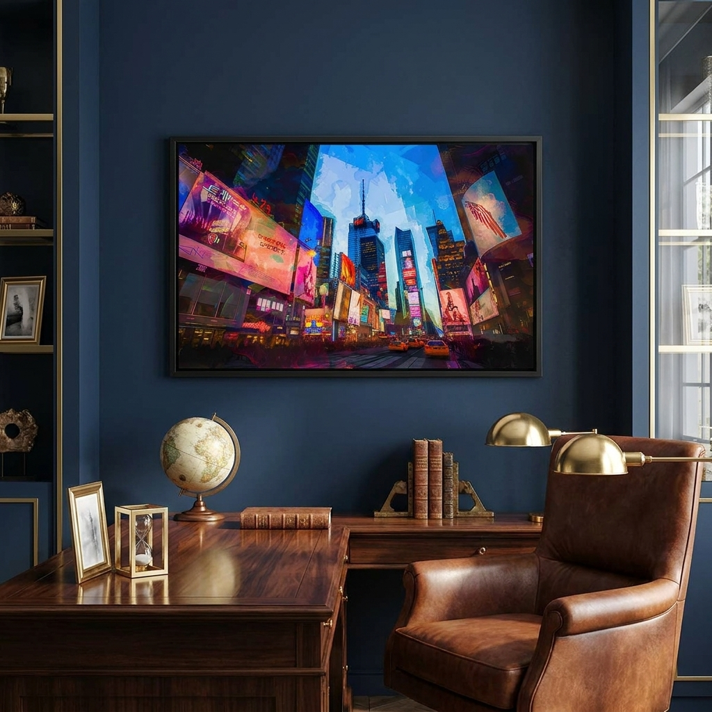 Times Square framed print black frame no mat in navy gold study scene