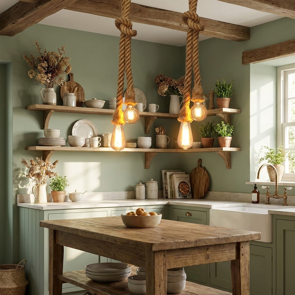 Hemp rope pendant light in sage cottagecore kitchen scene
