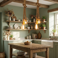 Hemp rope pendant light in sage cottagecore kitchen scene