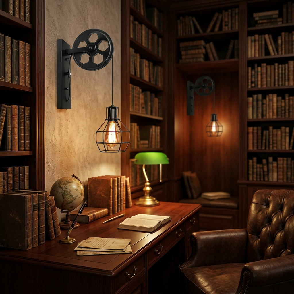 Pulley wheel cage light in dark academia study scene