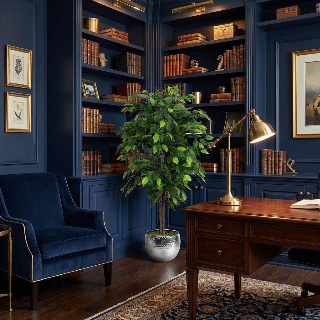 Artificial Ficus Tree Plant Green Bushy Ficus - navy gold study lifestyle scene