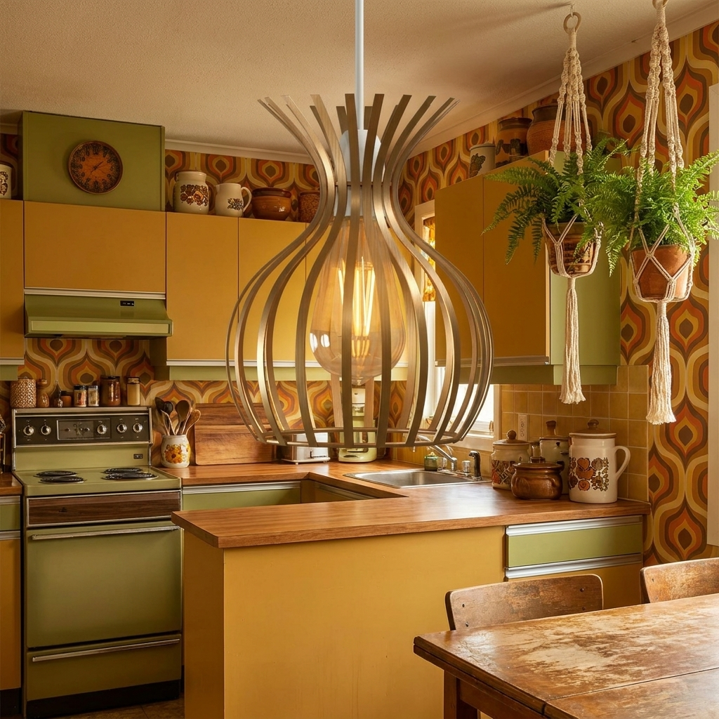 Modern Indoor Copper Metal Wire Cage Lamp Shade - variant 1 - mustard retro kitchen lifestyle scene