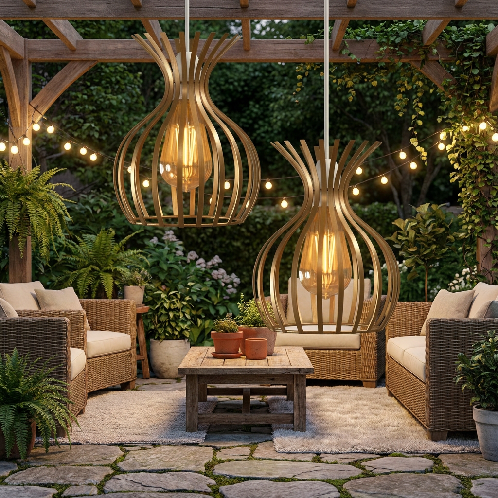 Modern Indoor Copper Metal Wire Cage Lamp Shade - variant 2 - outdoor patio lifestyle scene