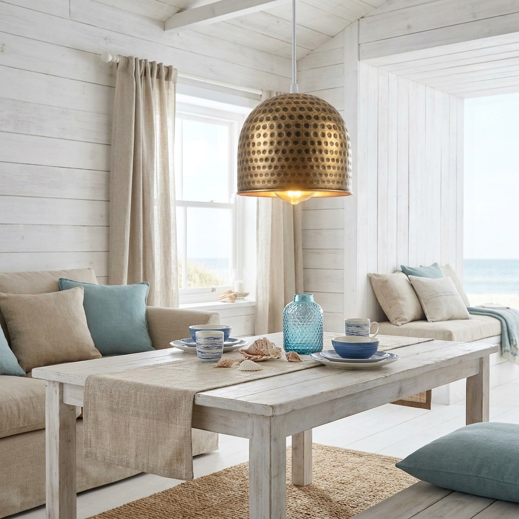 Antique Bronze Hammered Metal Dome Pendant Lampshade - coastal beach house lifestyle scene