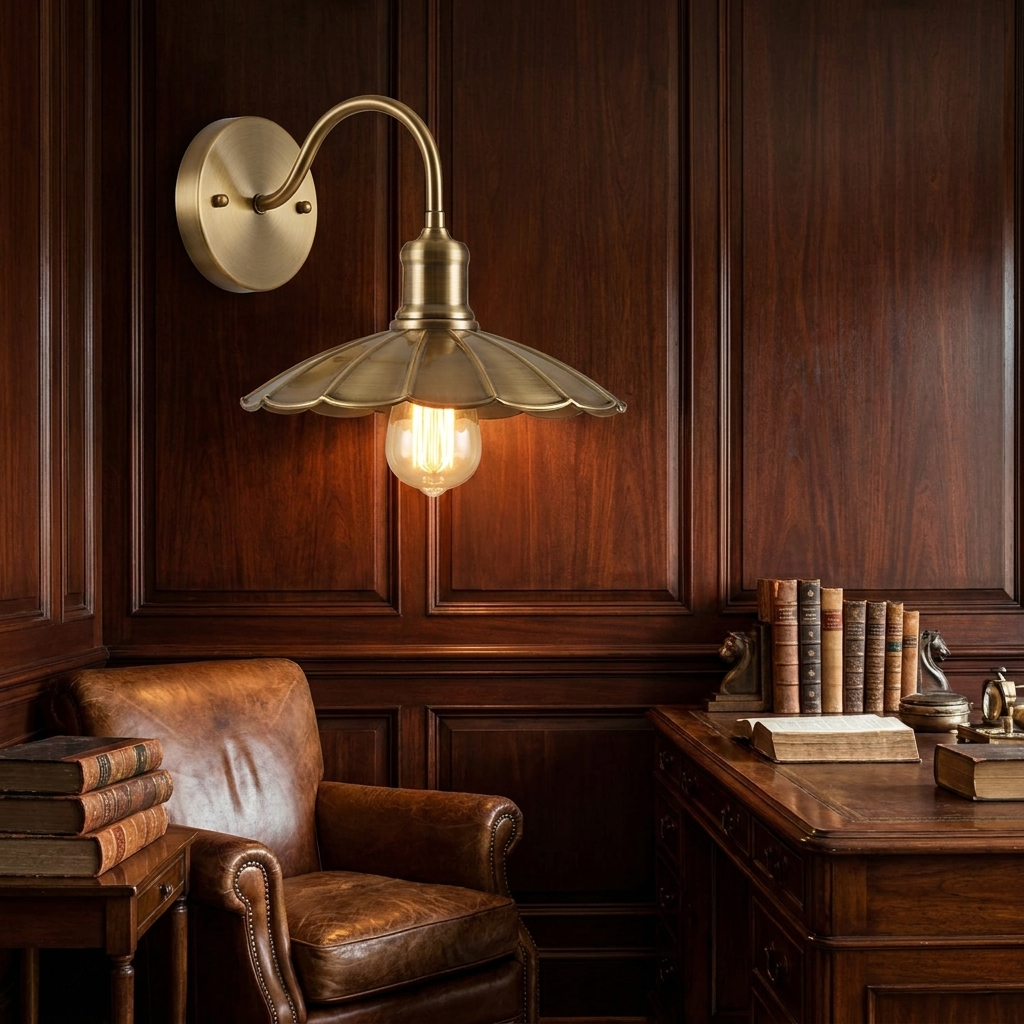 Industrial Umbrella Wall Sconce - Brushed Brass - dark academia study lifestyle scene