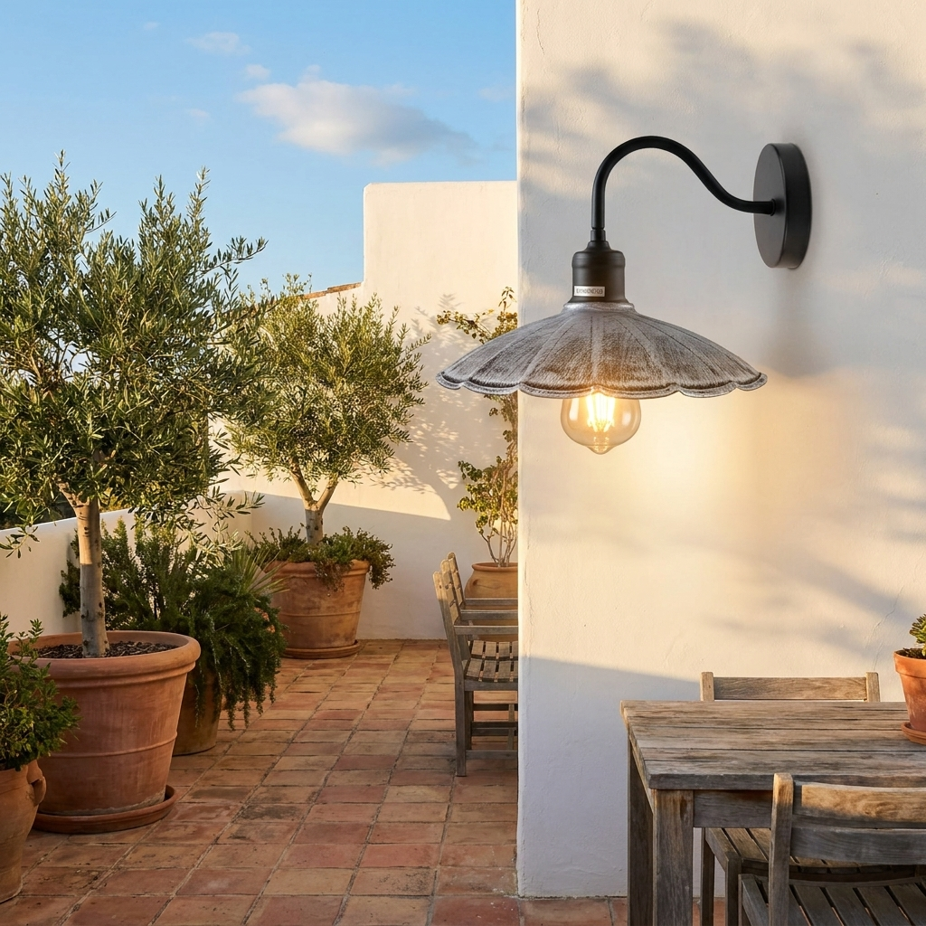 Industrial Umbrella Wall Sconce - Brushed Silver - Mediterranean courtyard lifestyle scene