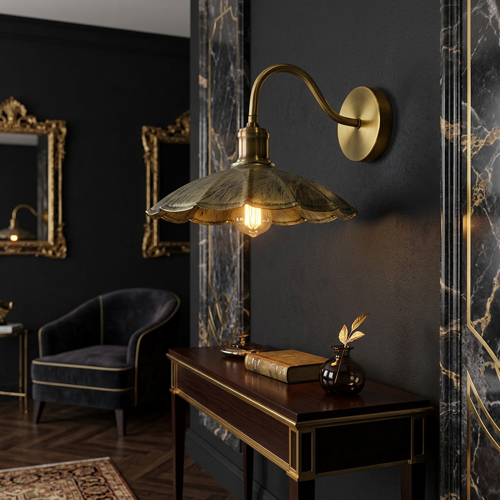 Industrial Umbrella Wall Sconce - Rustic Red - black-gold glam lifestyle scene