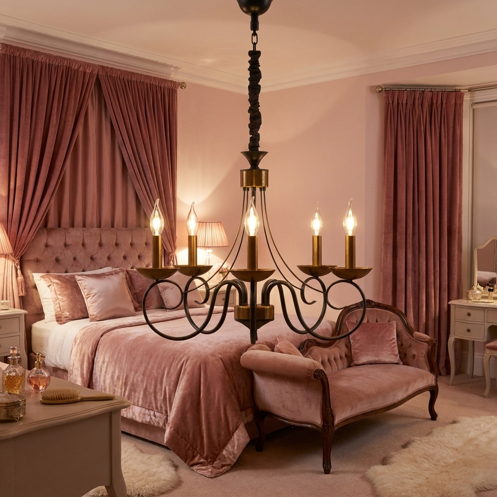 Traditional Wrought Iron Chandelier - 3 Arm - blush pink boudoir lifestyle scene
