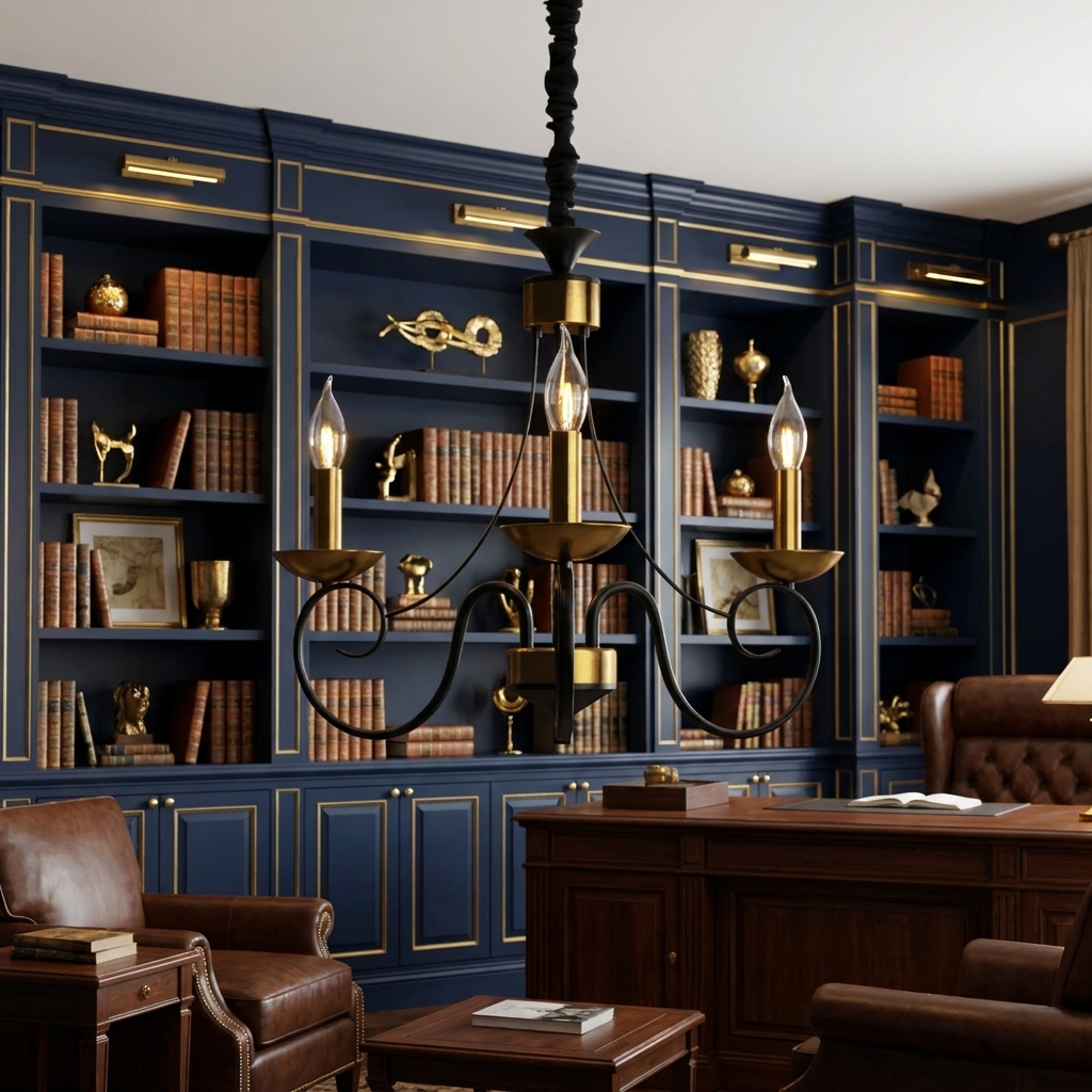 Traditional Wrought Iron Chandelier - 5 Arm - navy gold study lifestyle scene