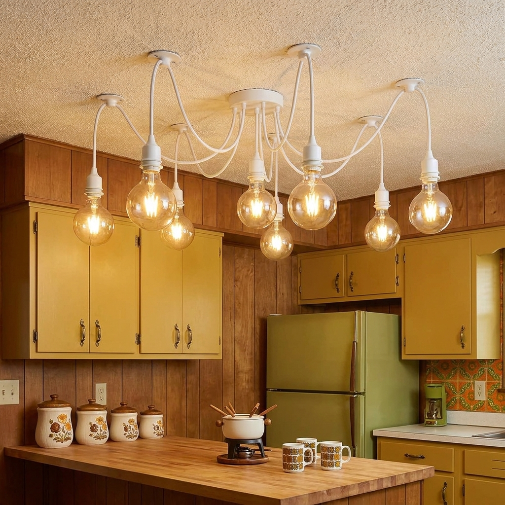 8 Way Spider Light E27 Pendant Light Adjustable Cable - mustard retro kitchen lifestyle scene