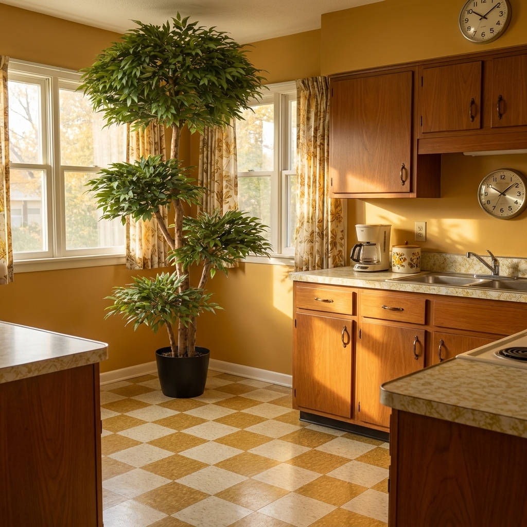 180cm Fire Retardant Ruscus Tree in mustard retro kitchen corner