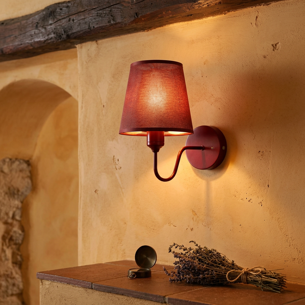 Burgundy Fabric Wall Sconce in terracotta Mediterranean interior